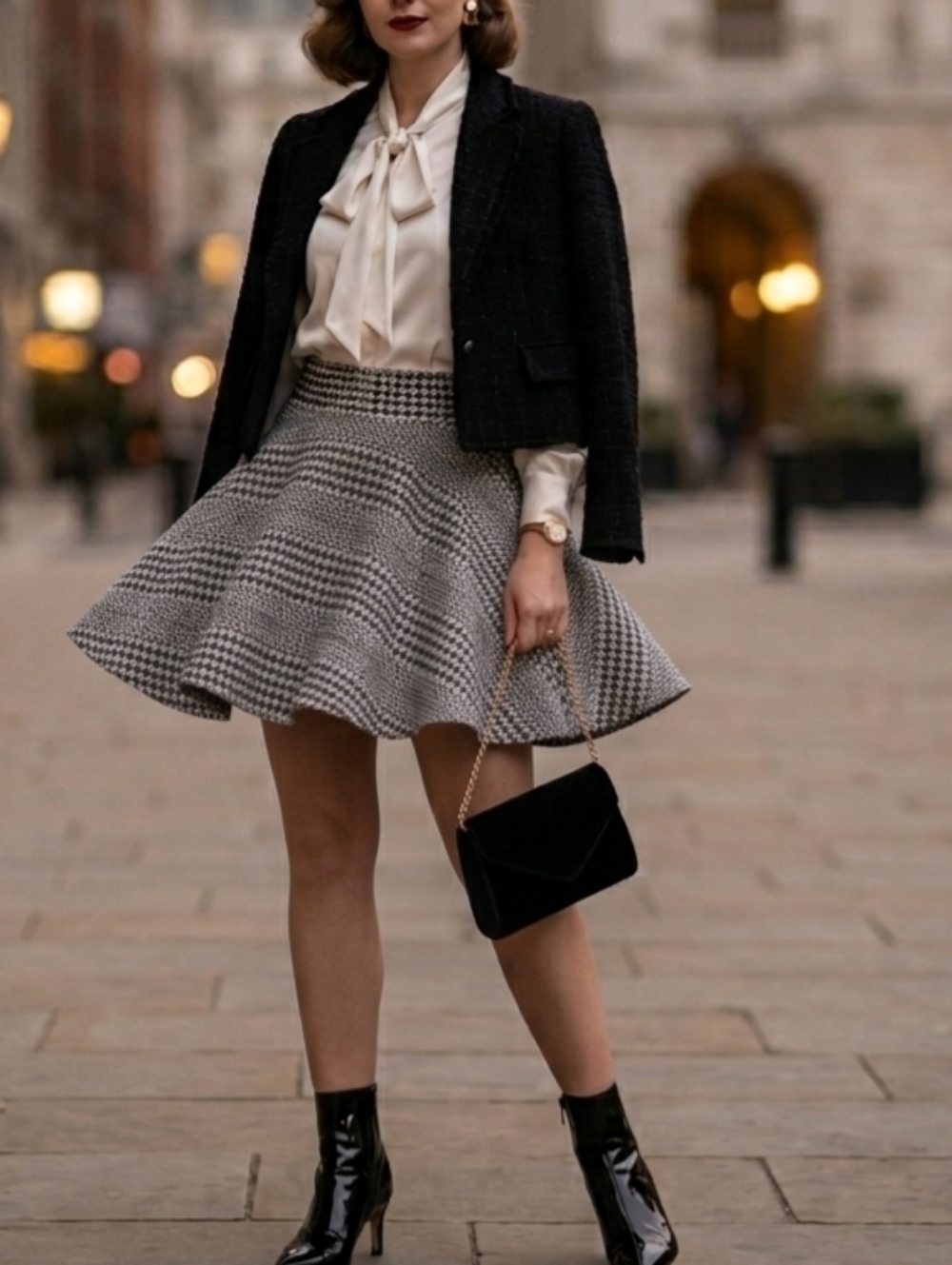 Black and White Houndstooth Flared Skirt, Sz M (Waist stretches to 18")